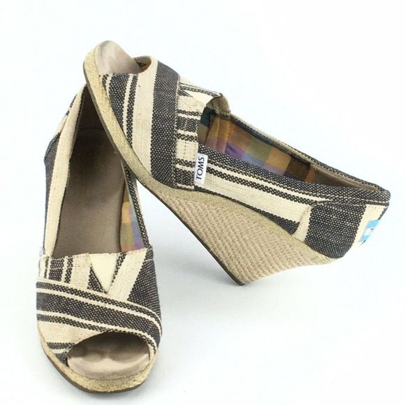 Toms Shoes - Toms Peep Toe Cork Wedges 6.5W Canvas Geometric Pattern Open Toe